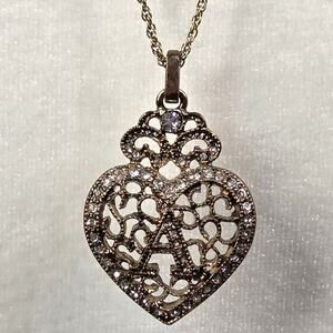 Heart Shaped Filigree Initial “A” Rhinestone Pendant Necklace Gold Tone